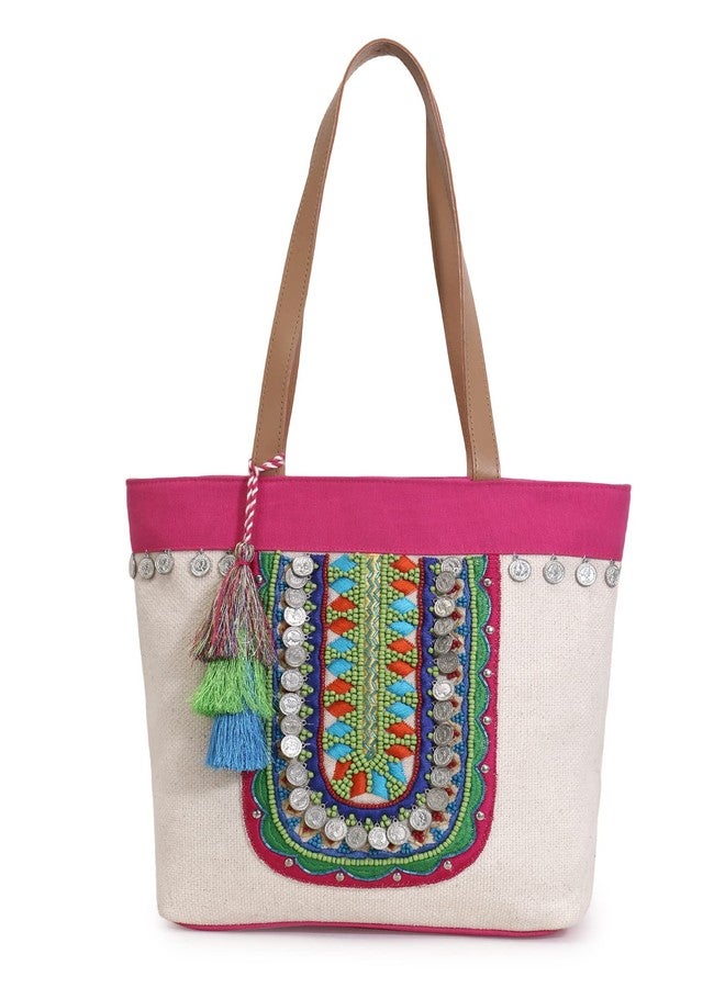 Anekaant Boho Natural & Multicolor Cotton Jute Boho Embellished Tote Bag - Image 1